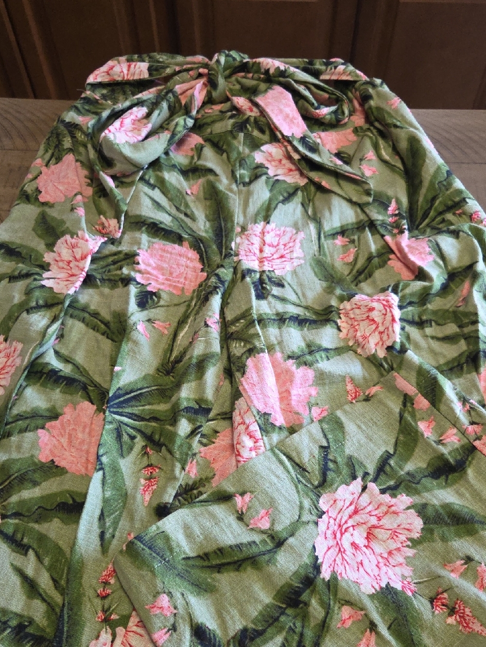 Agua Bendita Green Slacks with Pink Floral Tie Waist